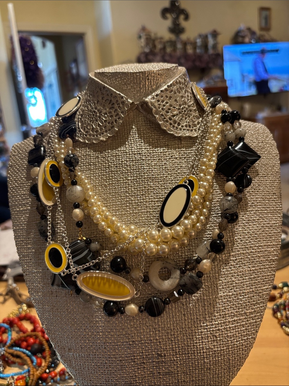 Layered Pearl and Black Bead Necklace with Yellow Accents - Women Jewelry